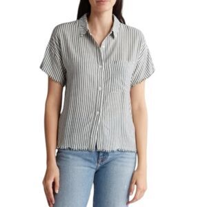 Industry Stripe Button Up Shirt Women's Frayed Short Sleeve Green & White XL New